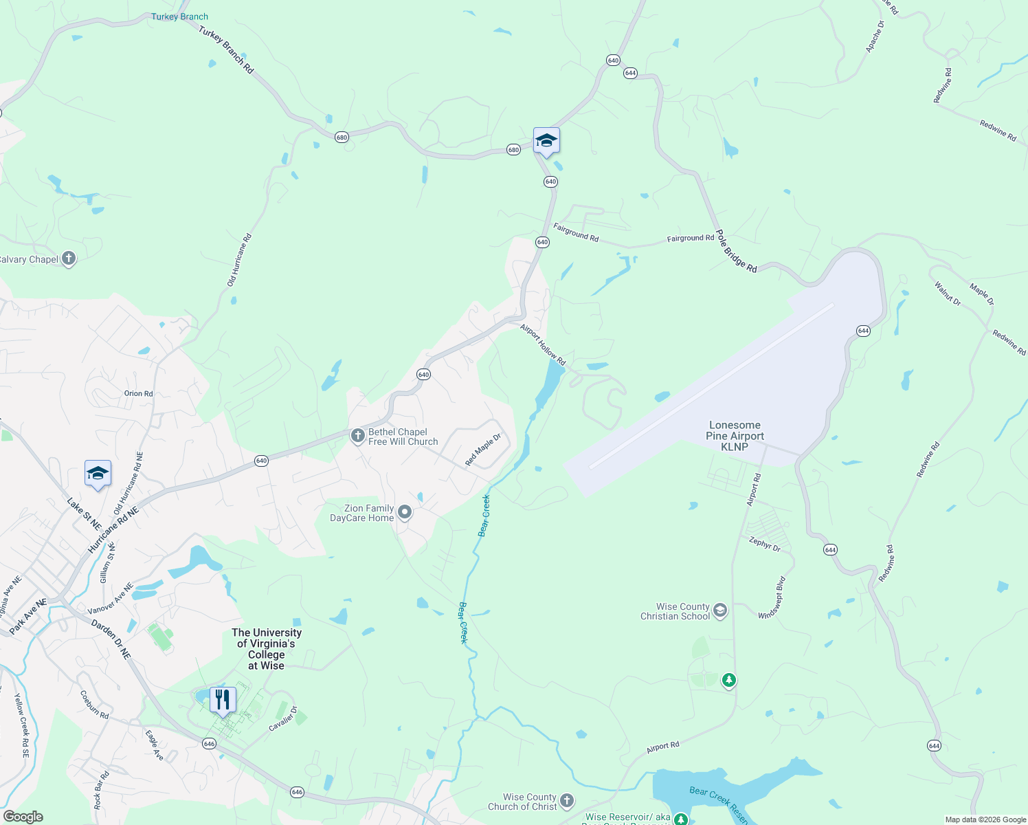 map of restaurants, bars, coffee shops, grocery stores, and more near 9877-9999 Greenwood Circle in Wise