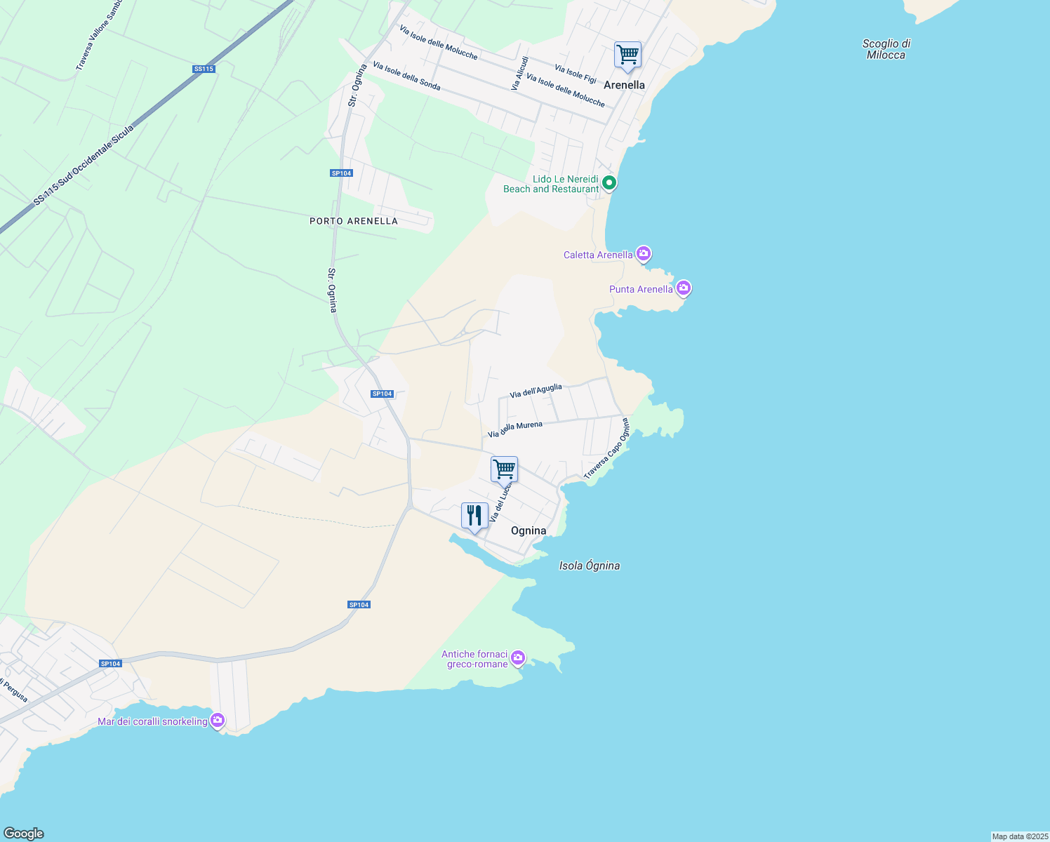 map of restaurants, bars, coffee shops, grocery stores, and more near 15 Via della Murena in Ognina