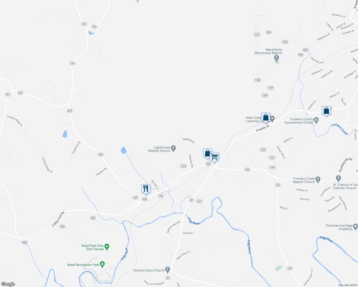 map of restaurants, bars, coffee shops, grocery stores, and more near 18 Highfield Circle in Rocky Mount