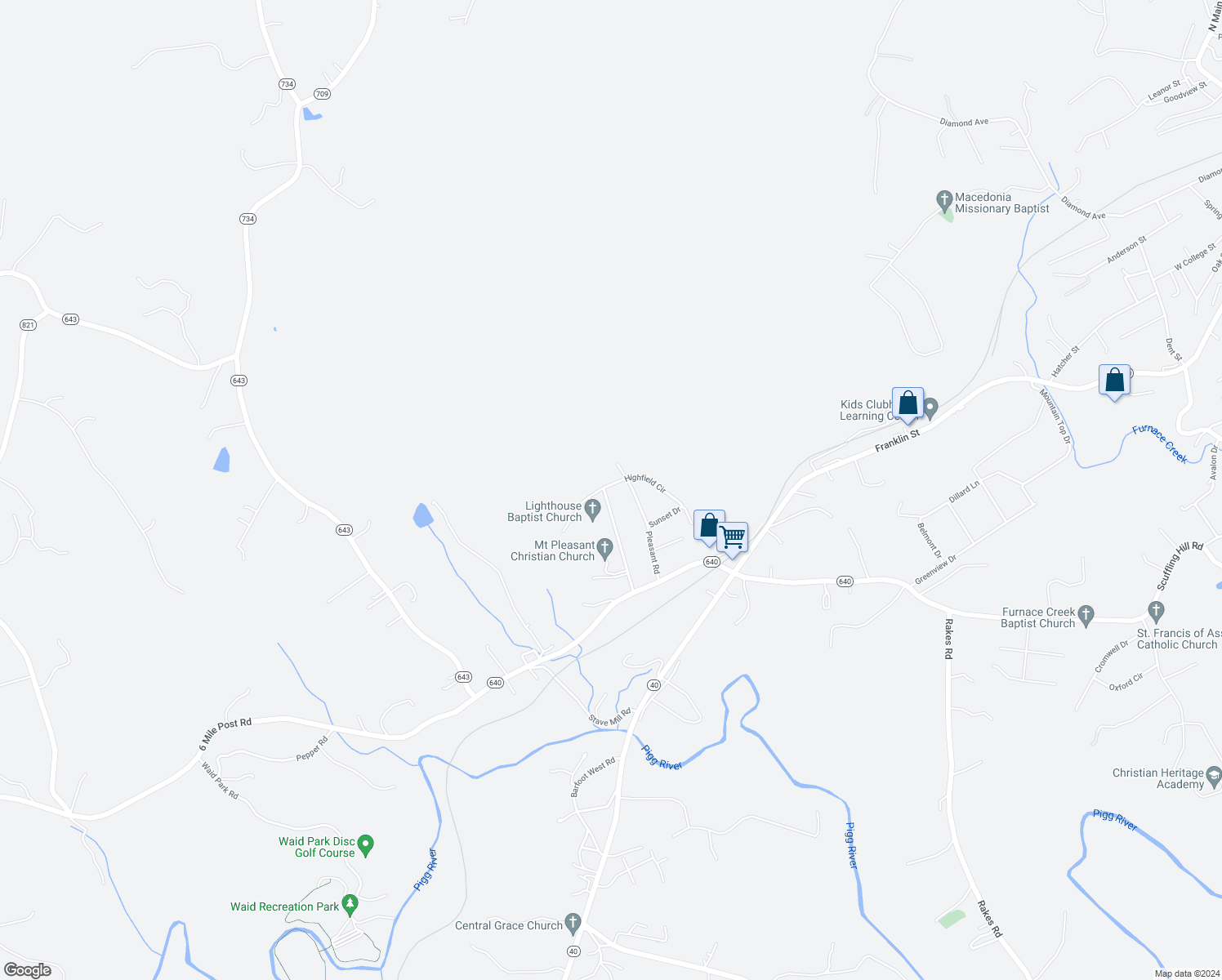 map of restaurants, bars, coffee shops, grocery stores, and more near 18 Highfield Circle in Rocky Mount
