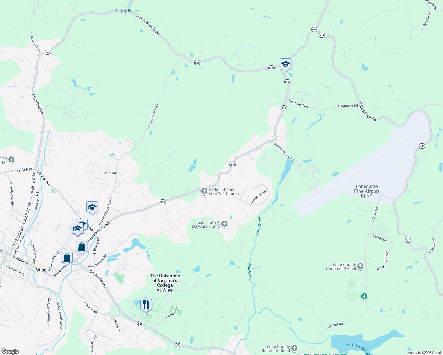 map of restaurants, bars, coffee shops, grocery stores, and more near 6358-6364 Hurricane Road in Wise