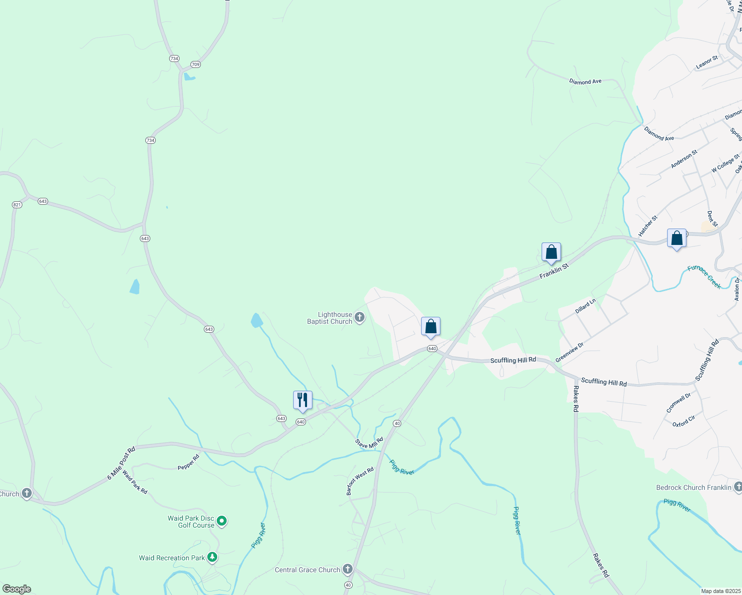 map of restaurants, bars, coffee shops, grocery stores, and more near 21 Highfield Circle in Rocky Mount