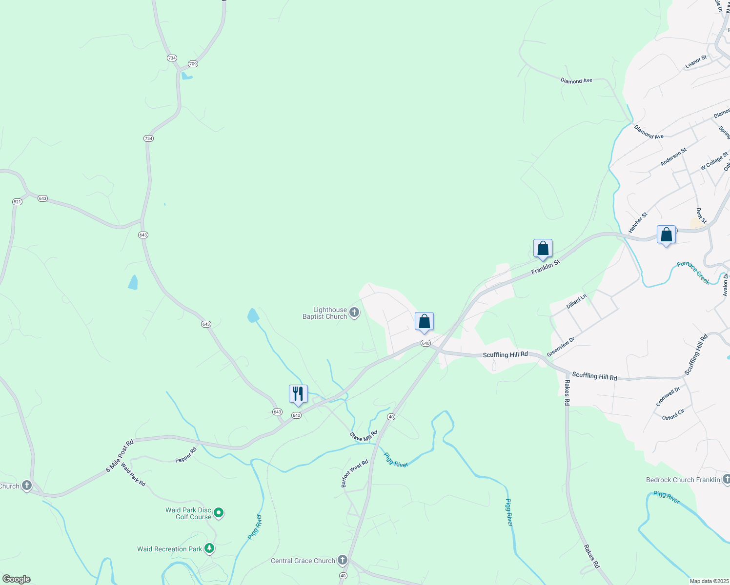 map of restaurants, bars, coffee shops, grocery stores, and more near 21 Highfield Circle in Rocky Mount