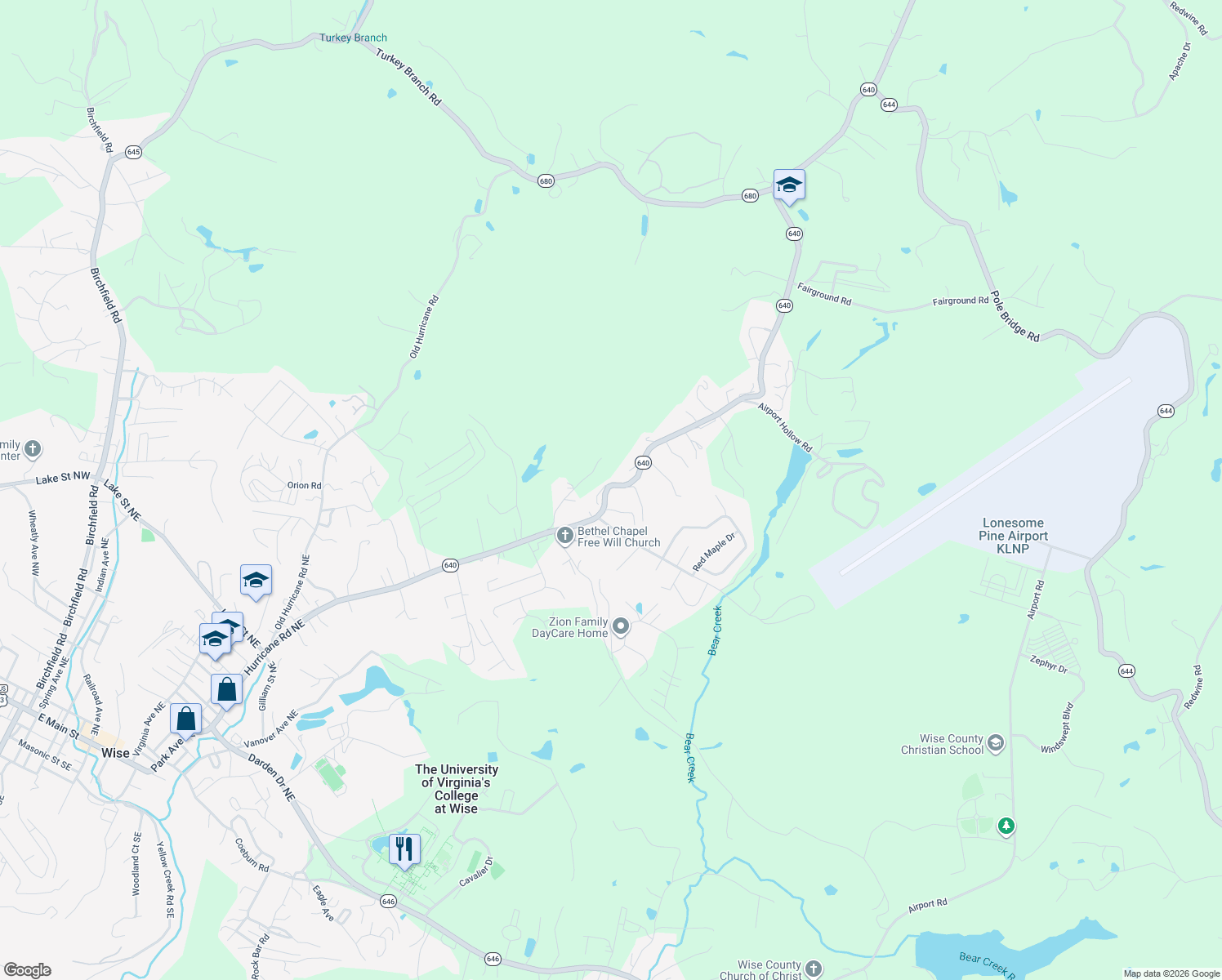 map of restaurants, bars, coffee shops, grocery stores, and more near 6358 Hurricane Road in Wise