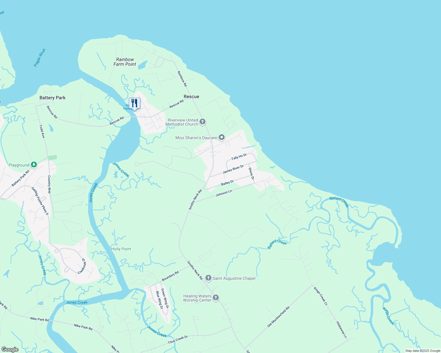 map of restaurants, bars, coffee shops, grocery stores, and more near 22440 James River Drive in Carrollton