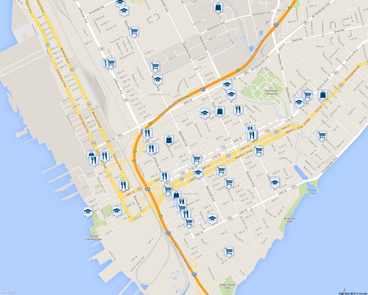 map of restaurants, bars, coffee shops, grocery stores, and more near 755 31st Street in Newport News