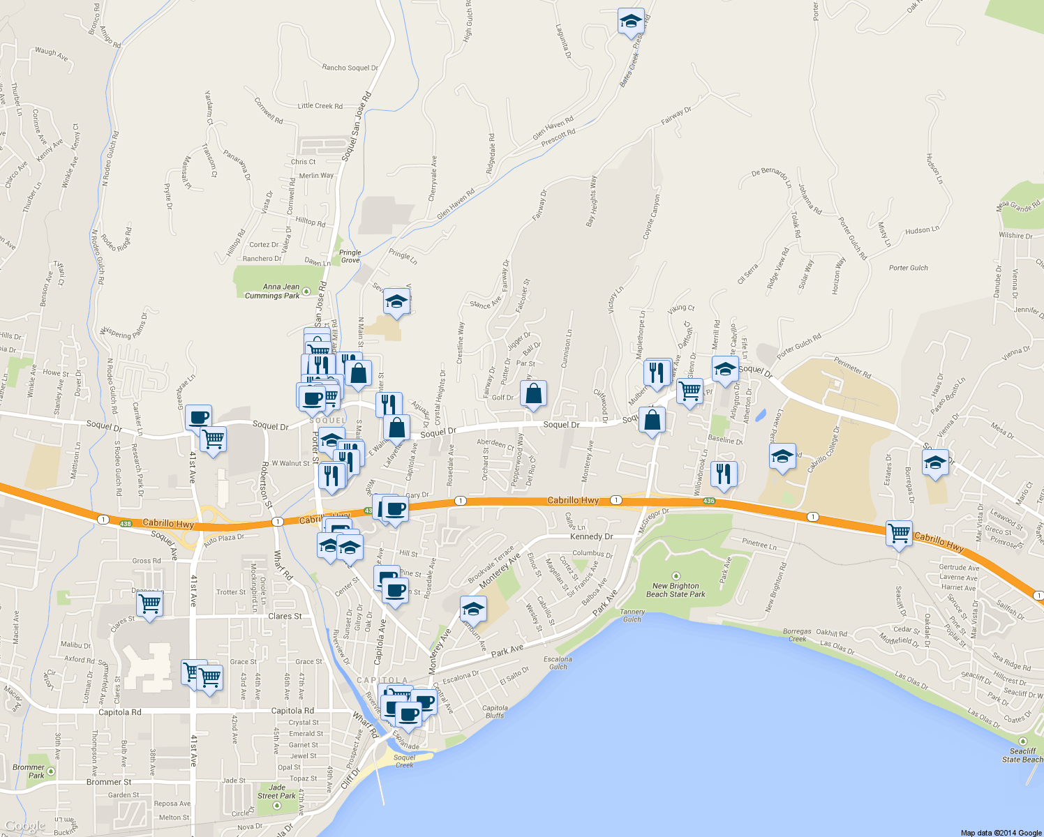 map of restaurants, bars, coffee shops, grocery stores, and more near 5489 Soquel Drive in Soquel