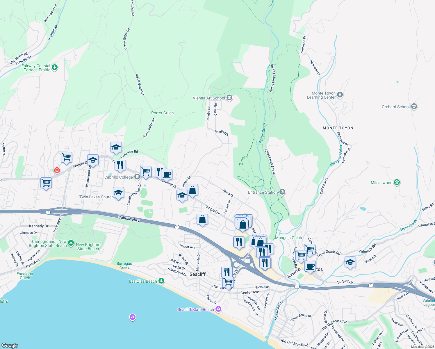 map of restaurants, bars, coffee shops, grocery stores, and more near 7221 Viewpoint Road in Aptos