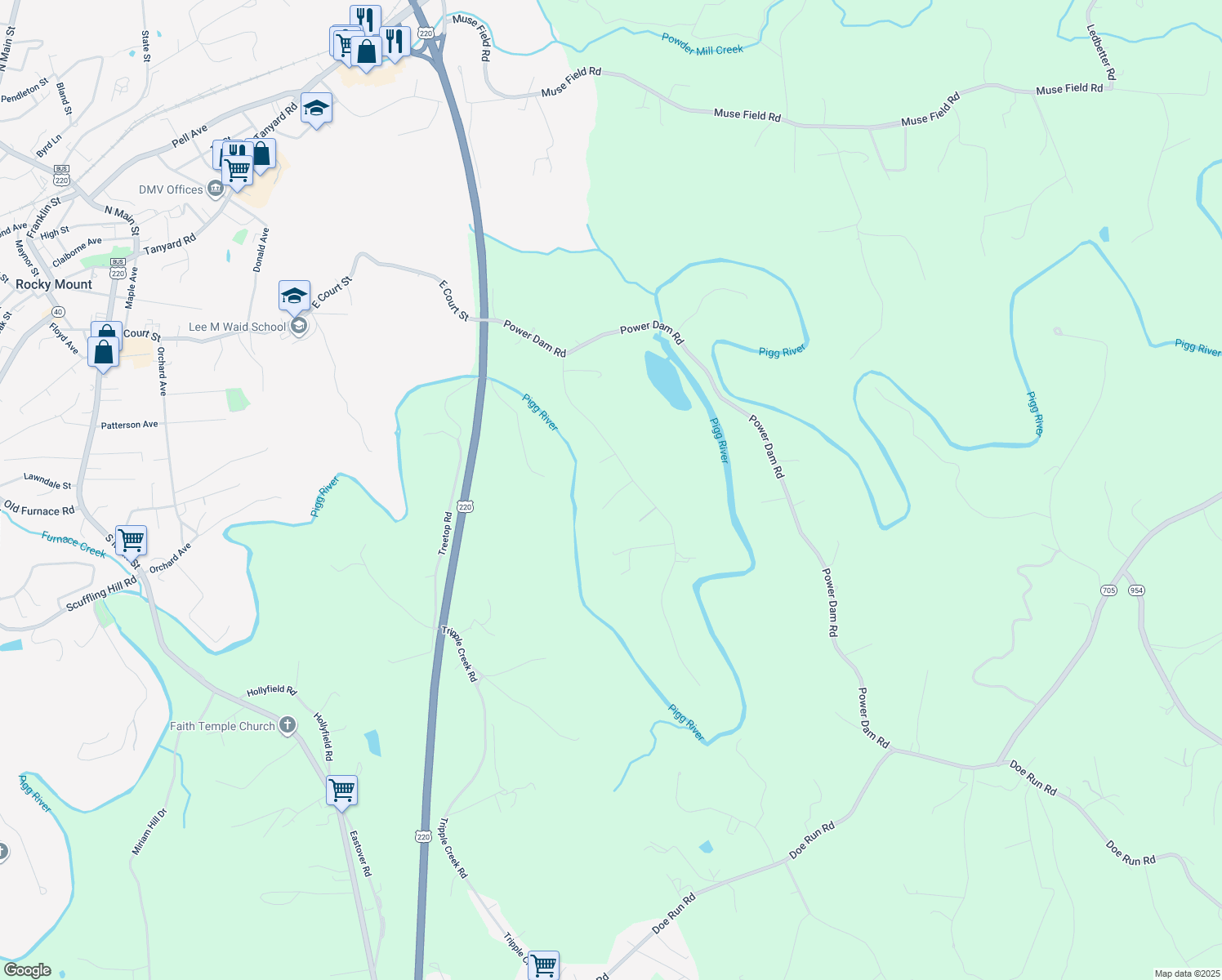 map of restaurants, bars, coffee shops, grocery stores, and more near 56 Riverside Drive in Rocky Mount