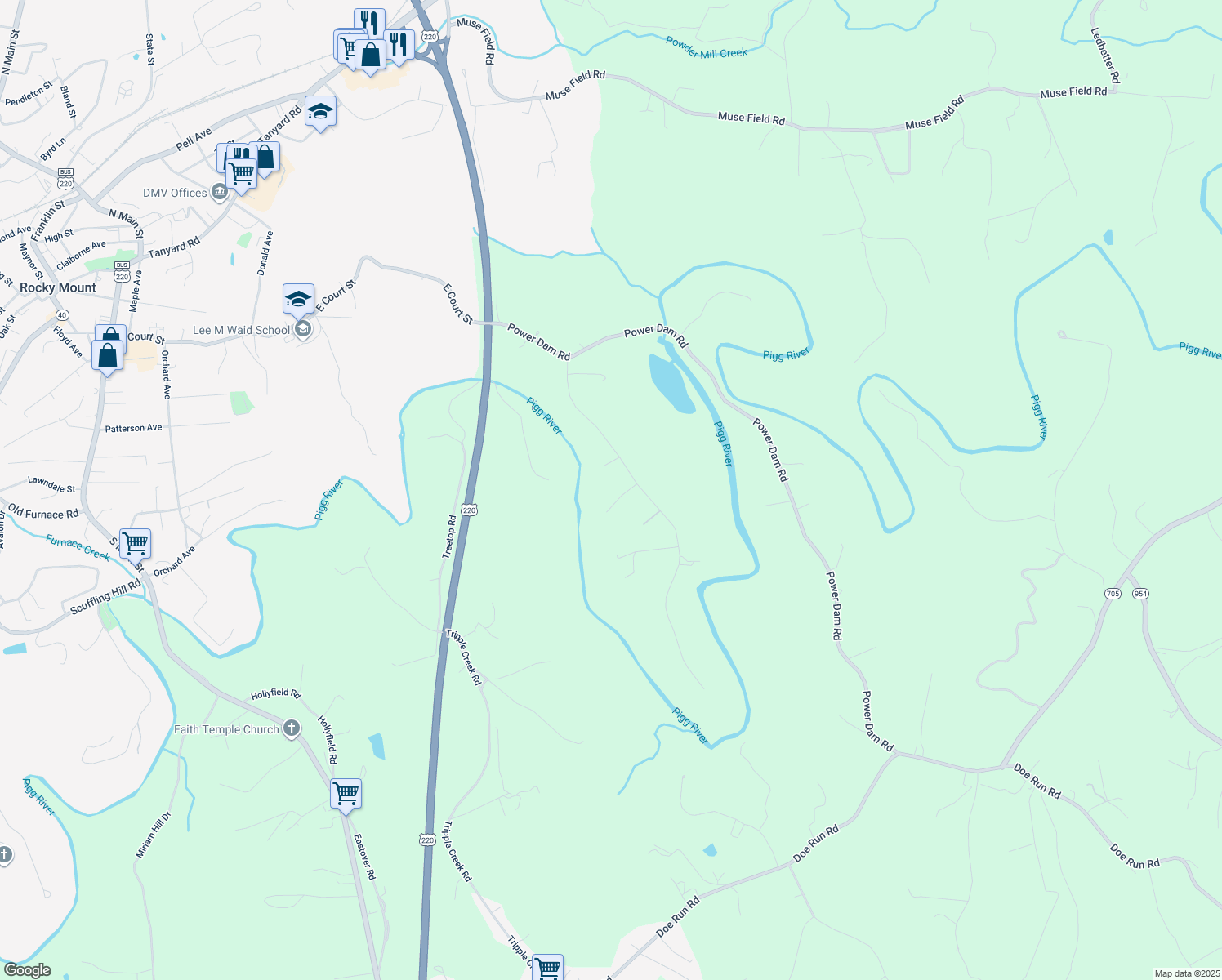 map of restaurants, bars, coffee shops, grocery stores, and more near 56 Riverside Drive in Rocky Mount