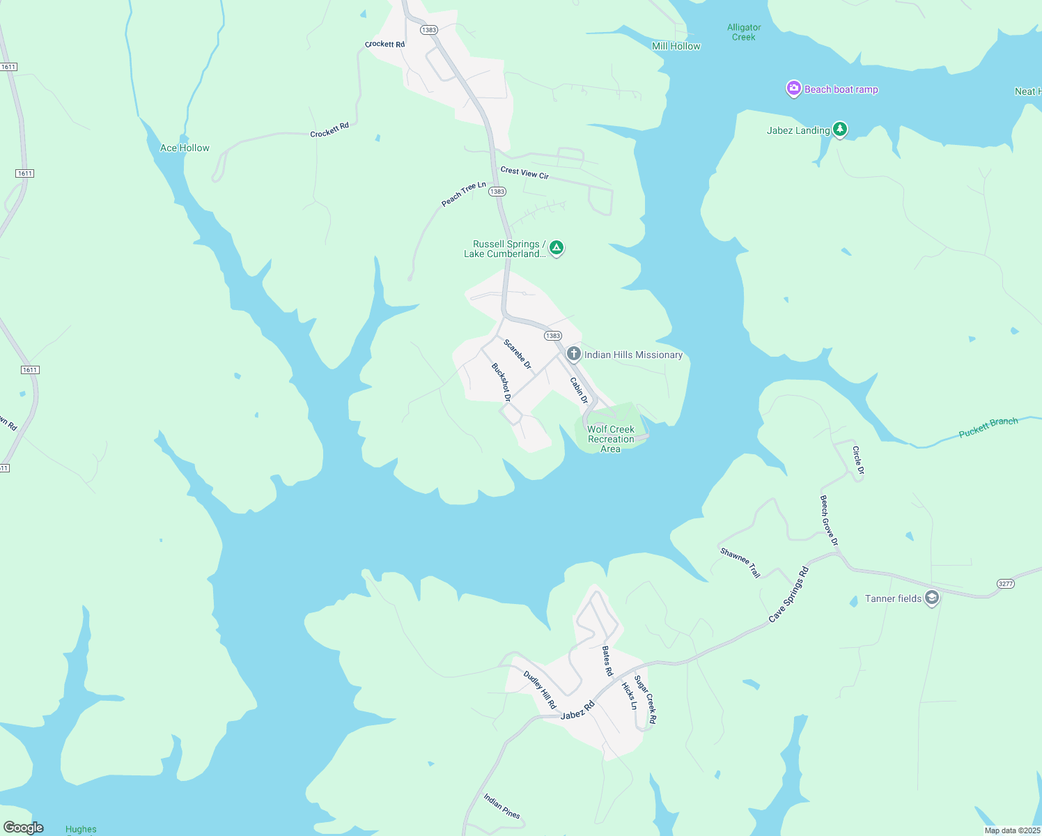 map of restaurants, bars, coffee shops, grocery stores, and more near Woodland Drive in Russell Springs