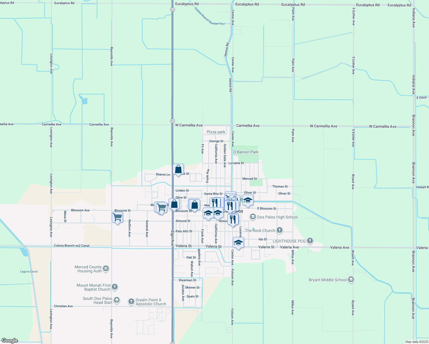 map of restaurants, bars, coffee shops, grocery stores, and more near 1110 California Avenue in Dos Palos
