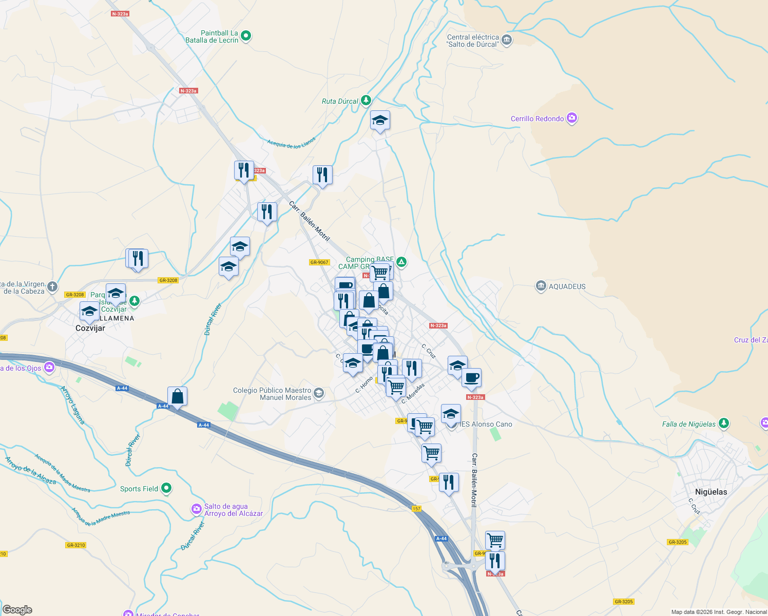 map of restaurants, bars, coffee shops, grocery stores, and more near Calle Alegría in Dúrcal