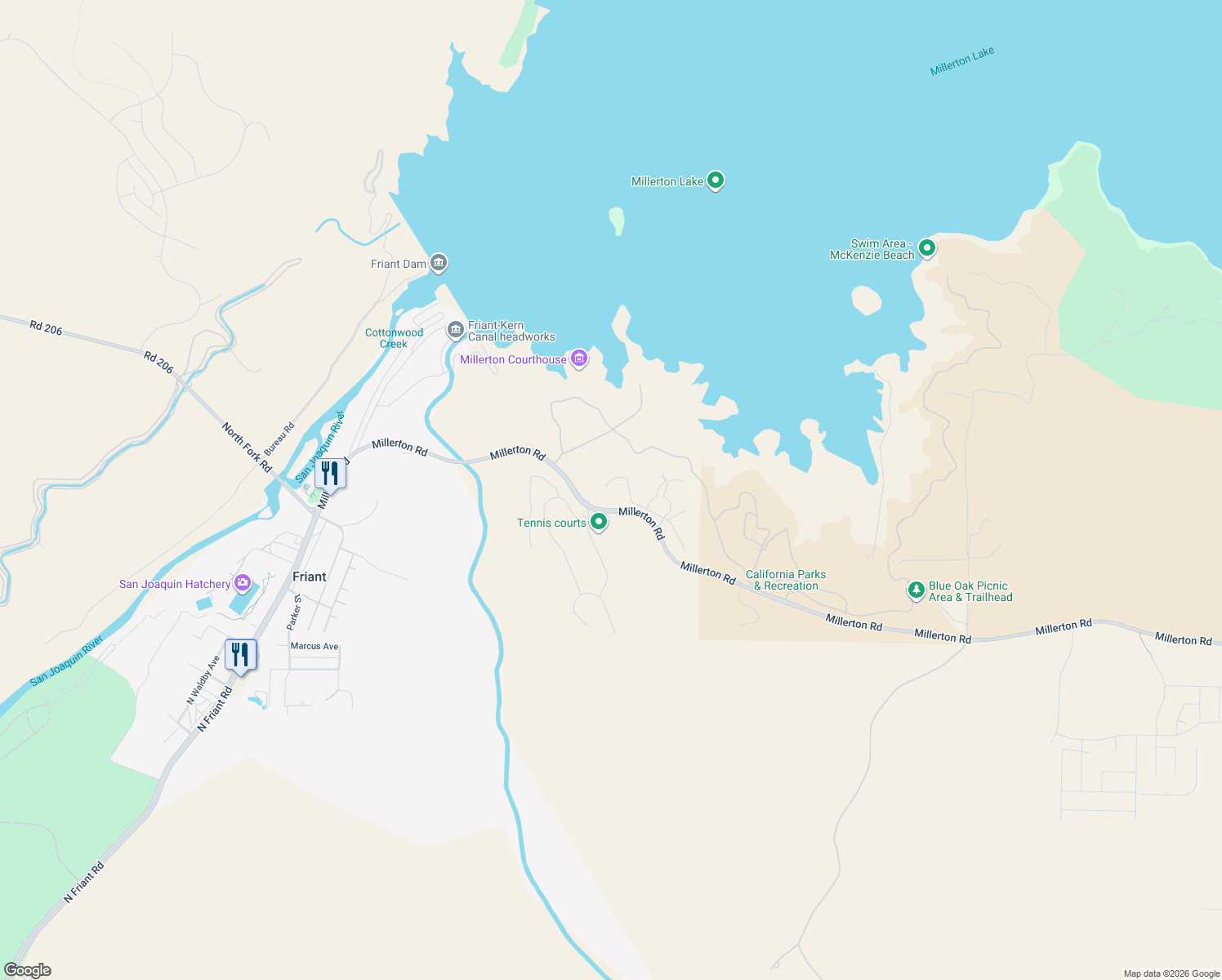 map of restaurants, bars, coffee shops, grocery stores, and more near 4614 Millerton Road in Friant