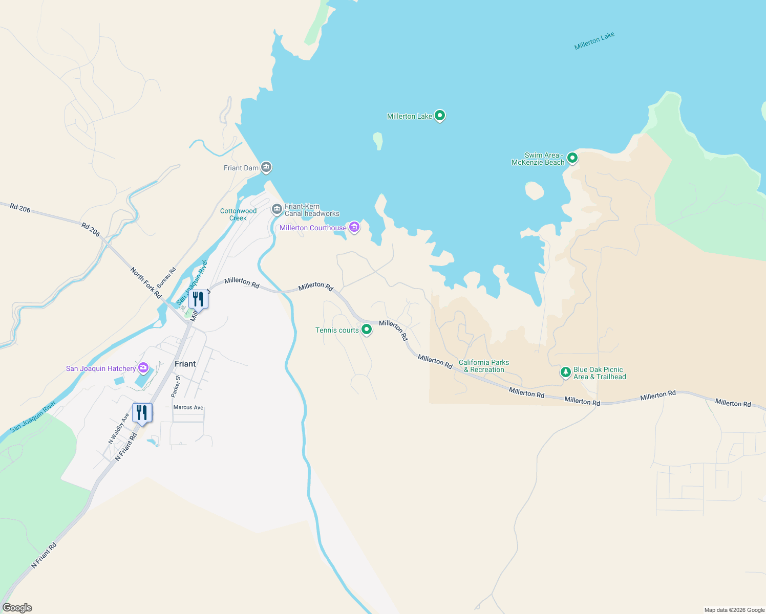 map of restaurants, bars, coffee shops, grocery stores, and more near 4614 Millerton Road in Friant