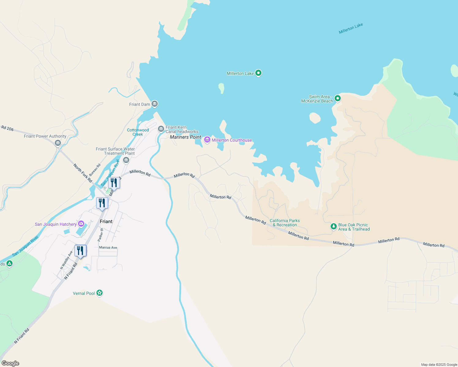 map of restaurants, bars, coffee shops, grocery stores, and more near 4648 Millerton Road in Friant