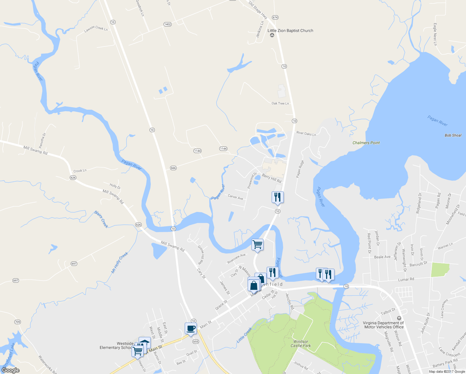 map of restaurants, bars, coffee shops, grocery stores, and more near 27 Jamestown Avenue in Smithfield