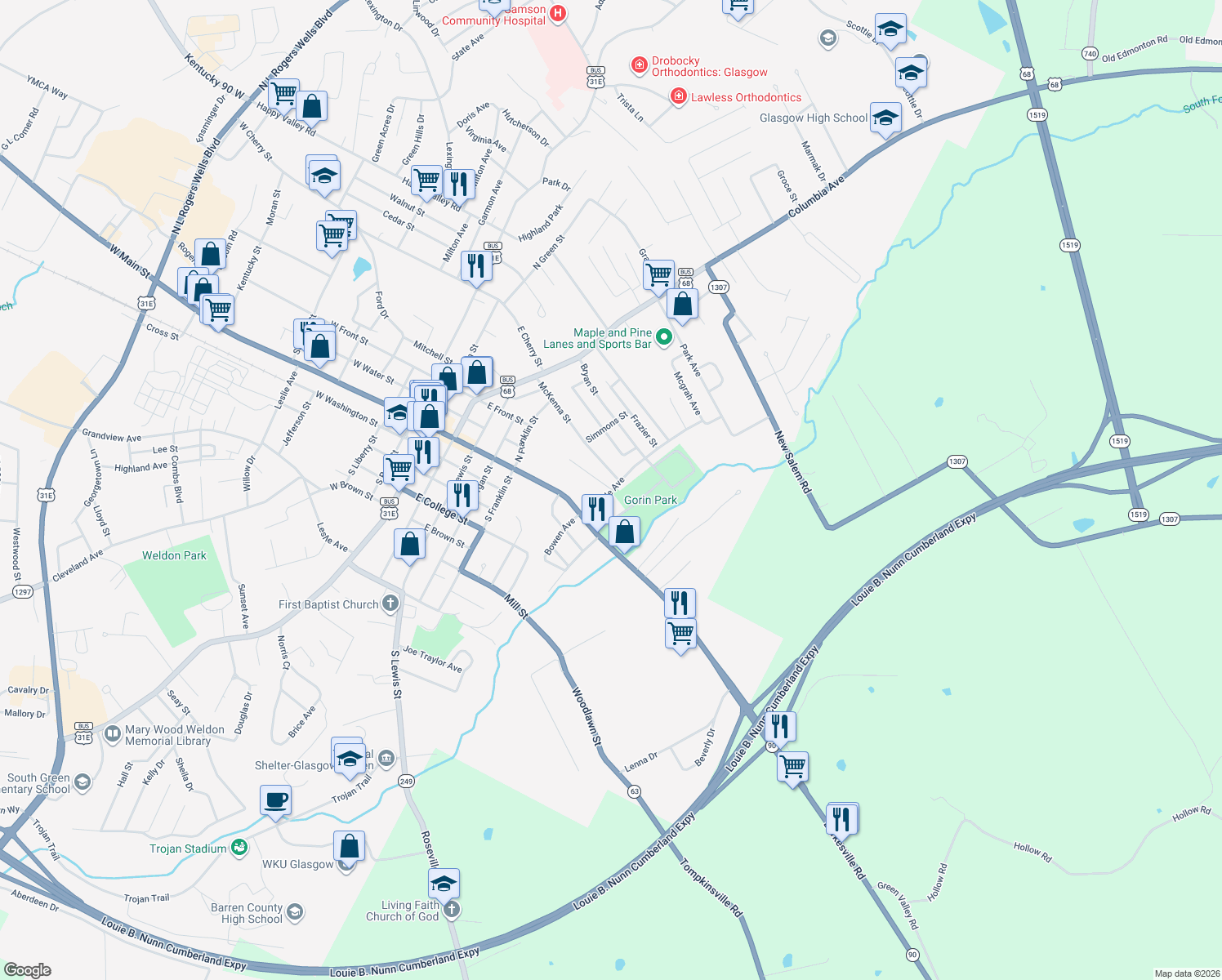 map of restaurants, bars, coffee shops, grocery stores, and more near 119 Humble Avenue in Glasgow