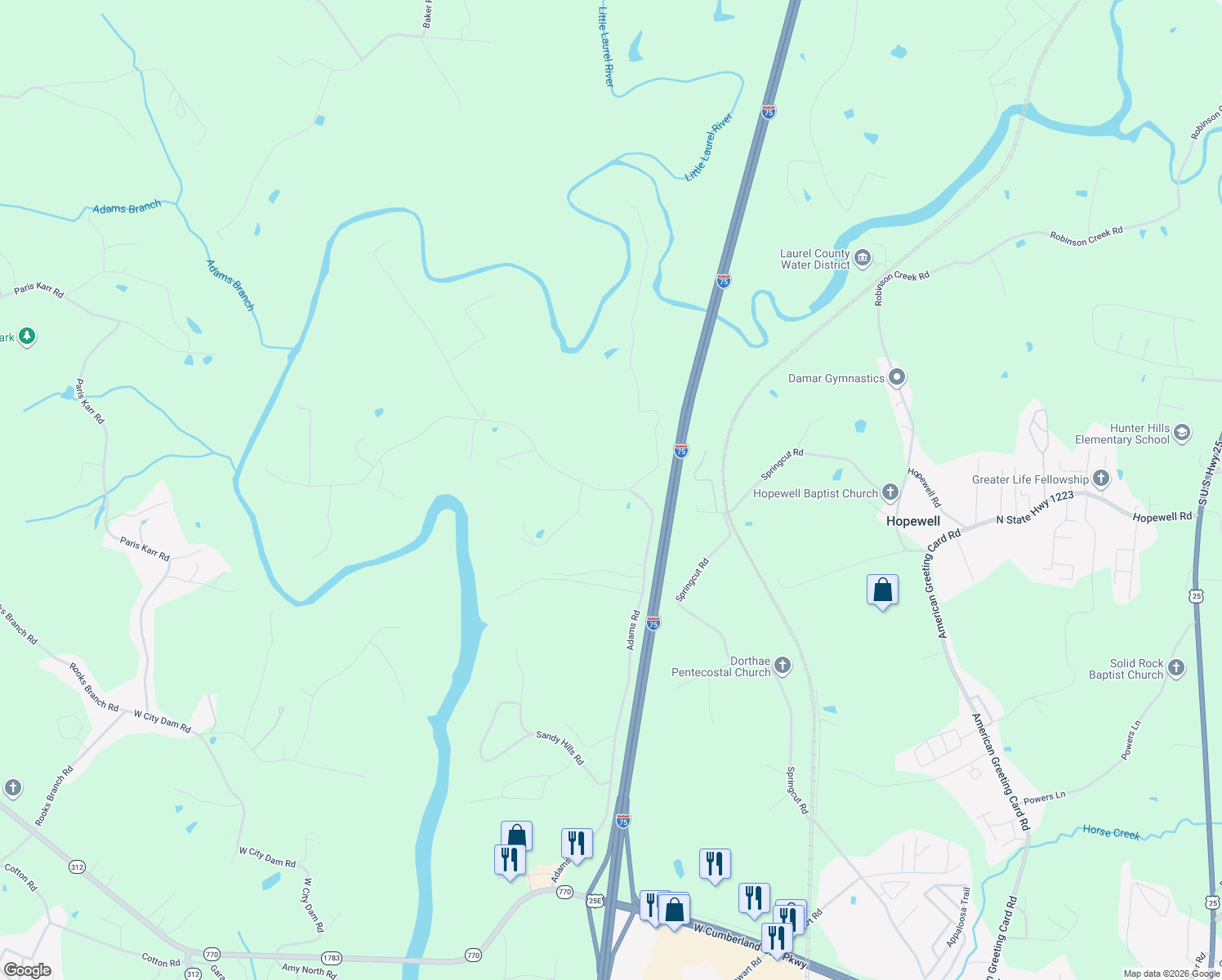 map of restaurants, bars, coffee shops, grocery stores, and more near 1261 Adams Road in Corbin