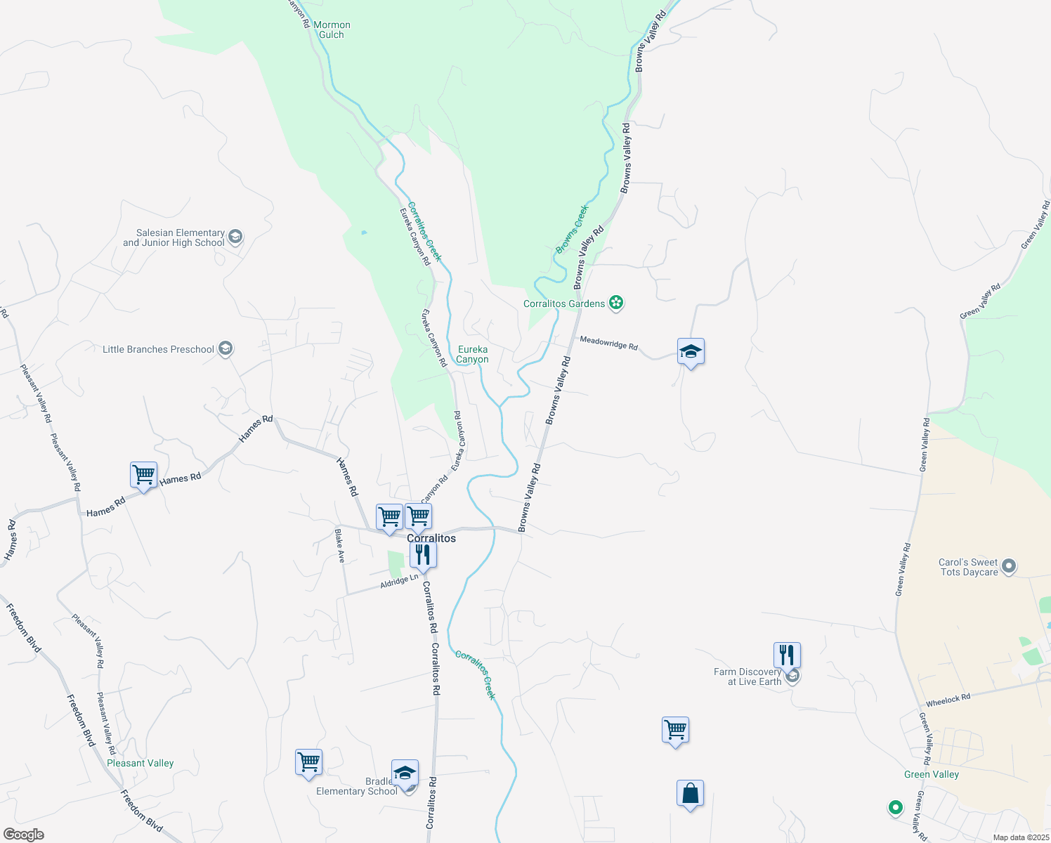 map of restaurants, bars, coffee shops, grocery stores, and more near 181 Browns Valley Road in Watsonville