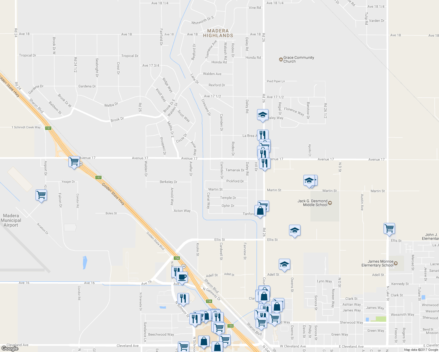 map of restaurants, bars, coffee shops, grocery stores, and more near 16862 Camden Drive in Madera