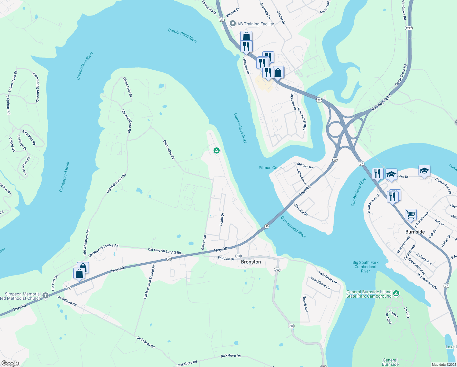 map of restaurants, bars, coffee shops, grocery stores, and more near 1380 Cumberland Drive in Bronston