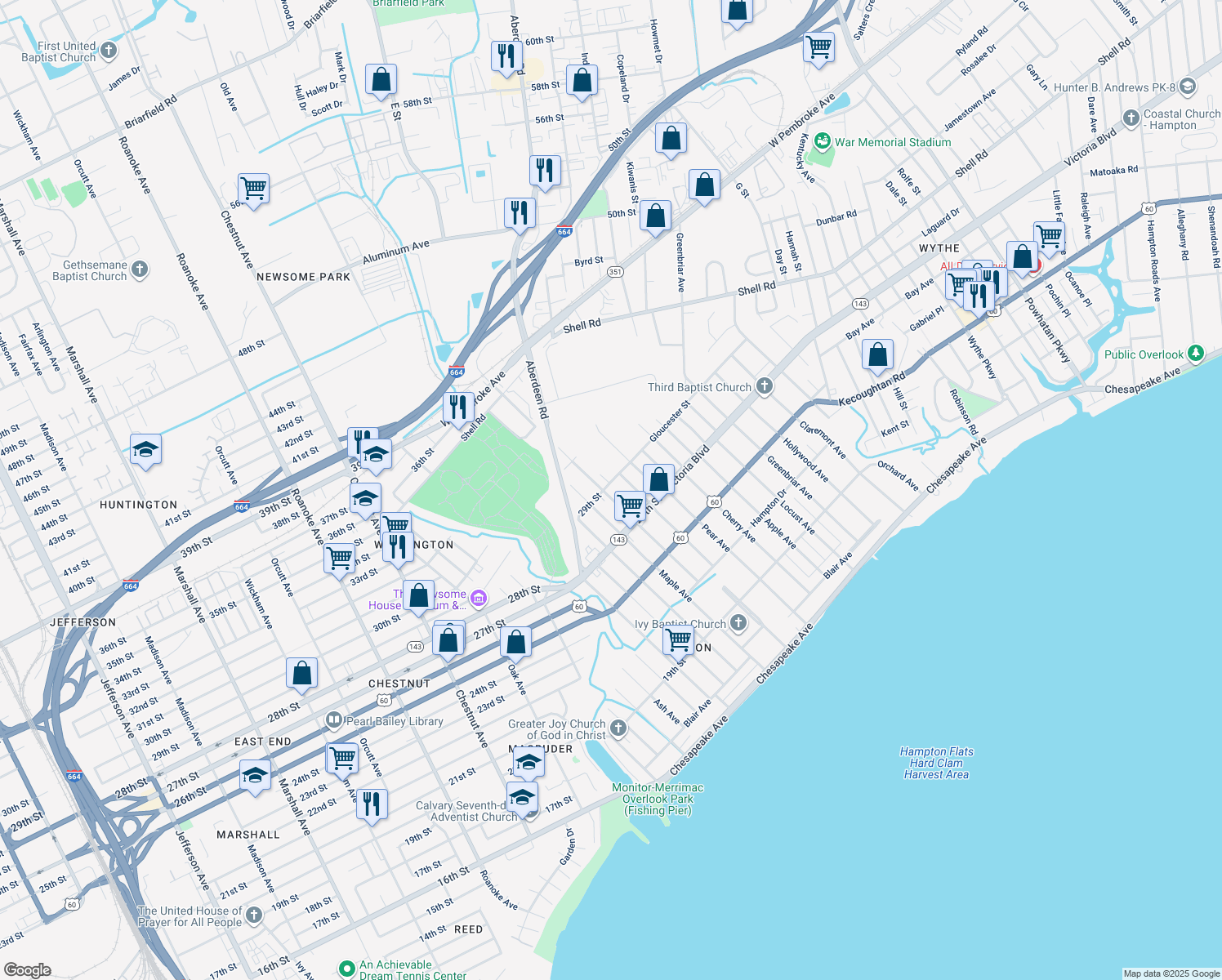 map of restaurants, bars, coffee shops, grocery stores, and more near 392 Pine Avenue in Newport News