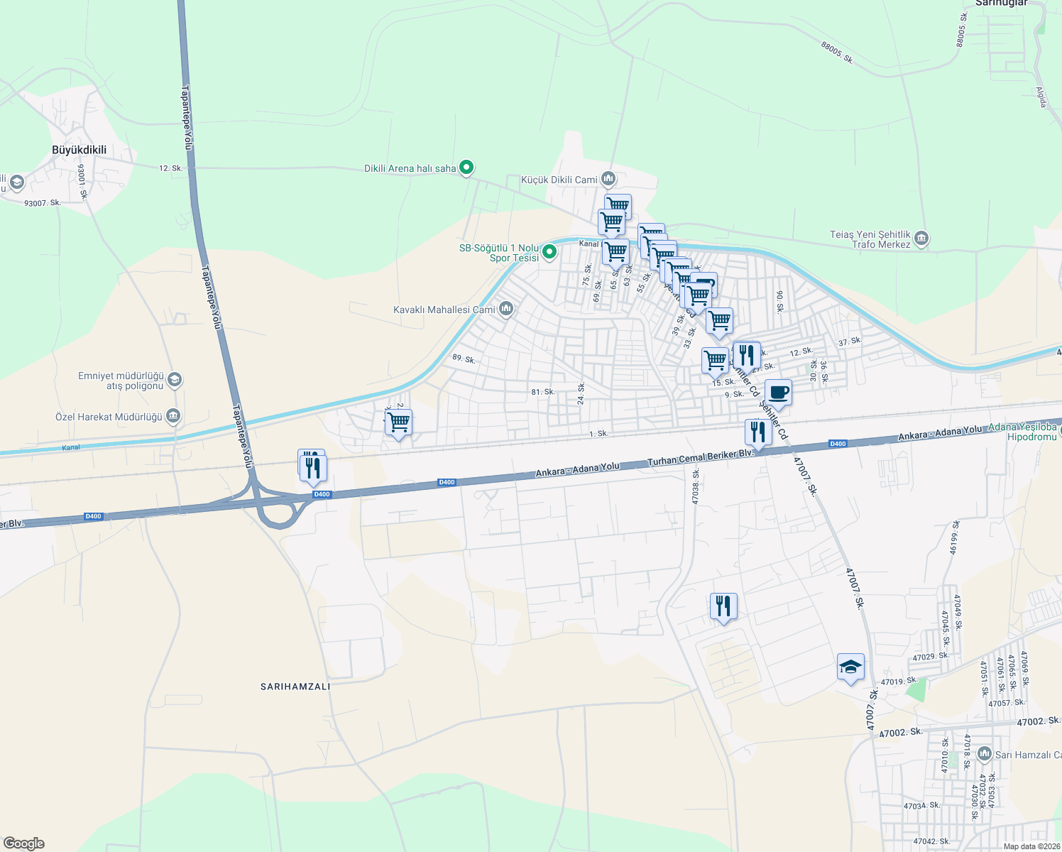 map of restaurants, bars, coffee shops, grocery stores, and more near 8 Sokak in Seyhan