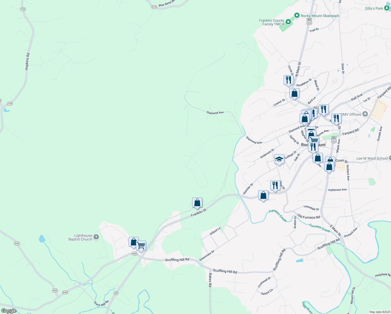 map of restaurants, bars, coffee shops, grocery stores, and more near 139-161 Highland Hills Road in Rocky Mount