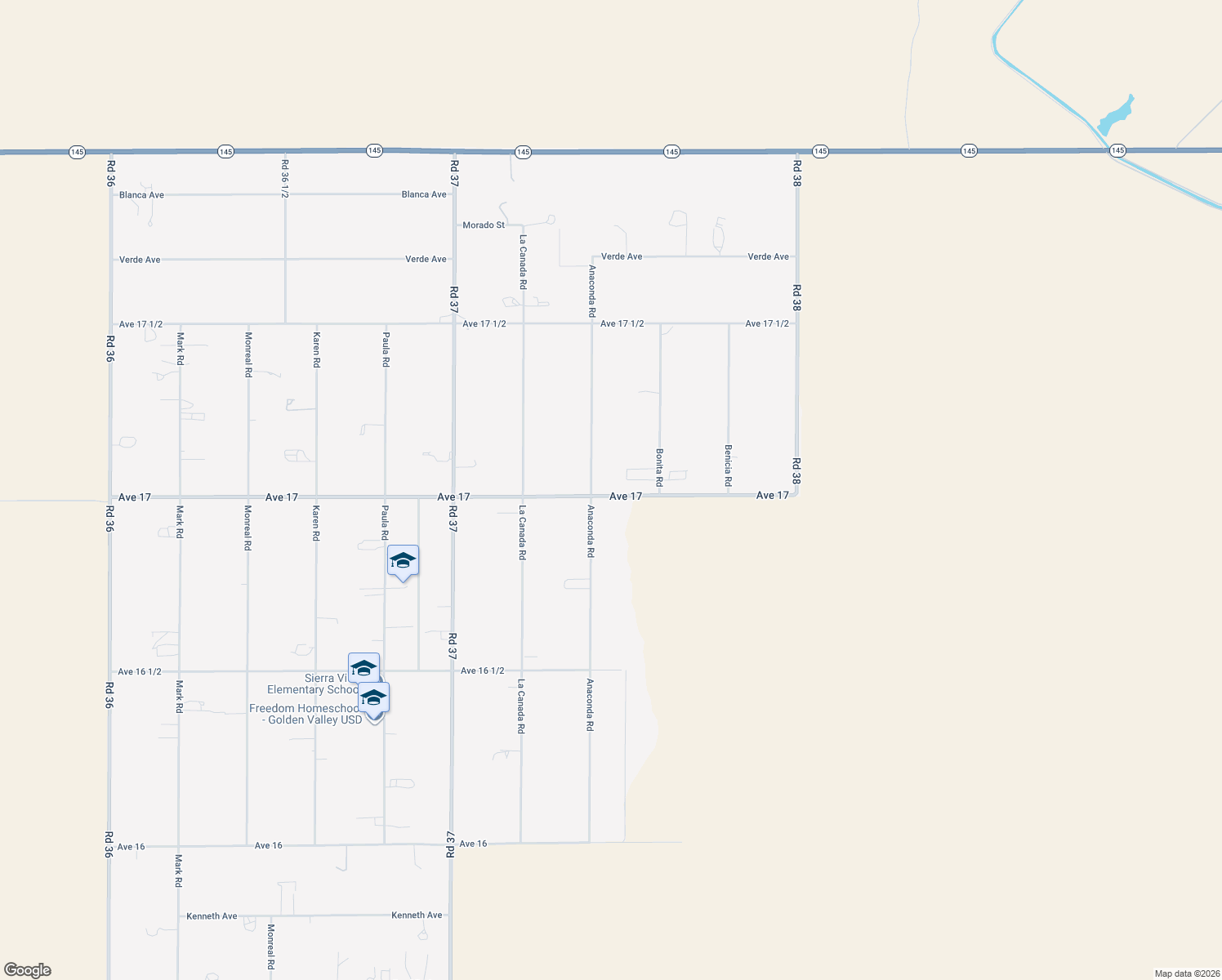 map of restaurants, bars, coffee shops, grocery stores, and more near 17027 Anaconda Road in Madera