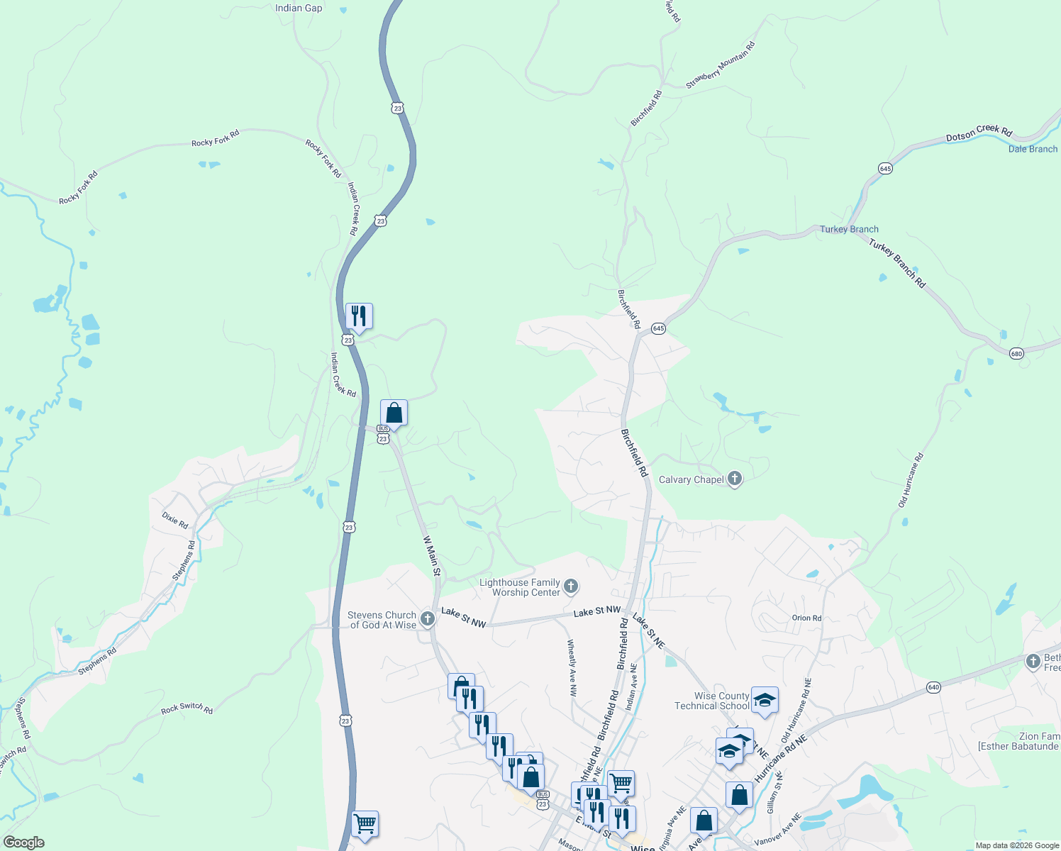 map of restaurants, bars, coffee shops, grocery stores, and more near 8800 Necessary Road in Wise