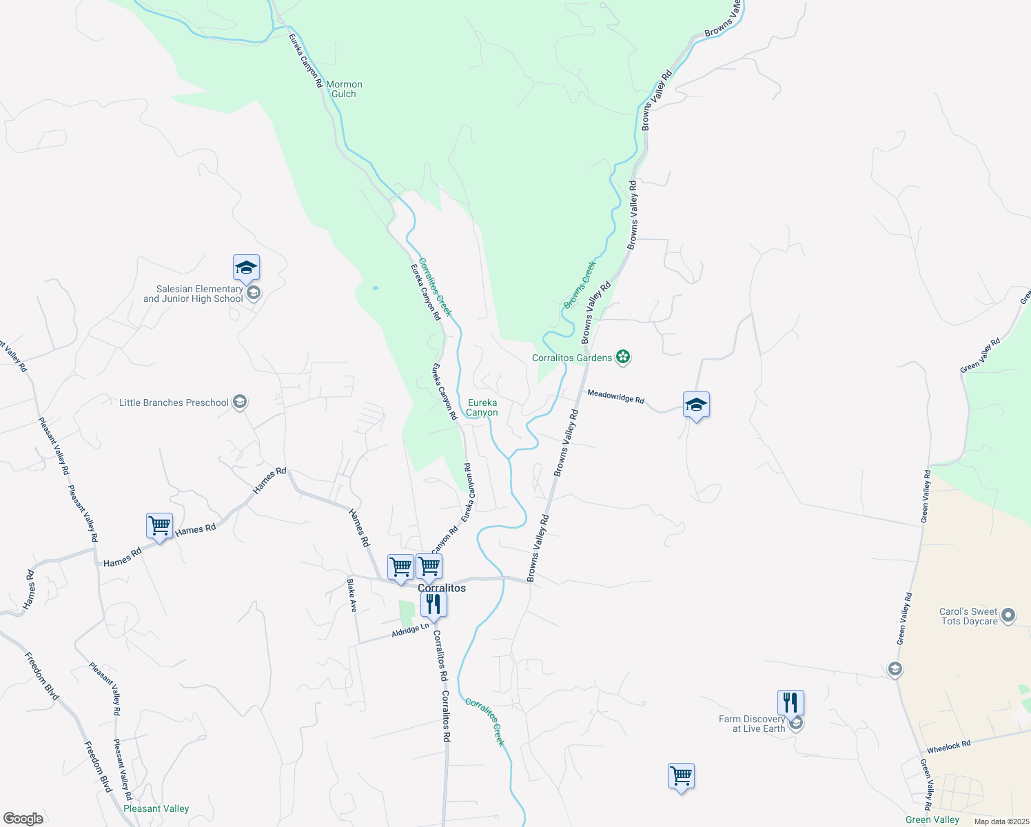 map of restaurants, bars, coffee shops, grocery stores, and more near 45 Vía Del Sol in Watsonville