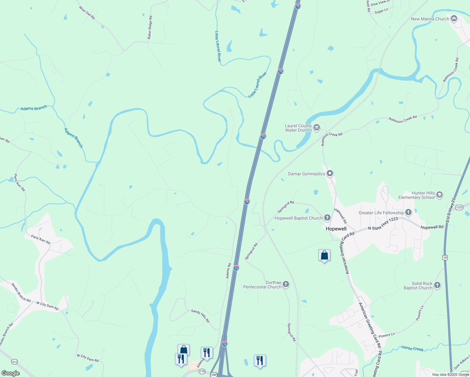 map of restaurants, bars, coffee shops, grocery stores, and more near 277 Devils Neck Road in Corbin