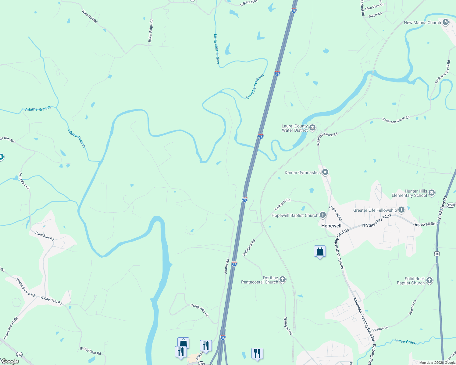 map of restaurants, bars, coffee shops, grocery stores, and more near 277 Devils Neck Road in Corbin