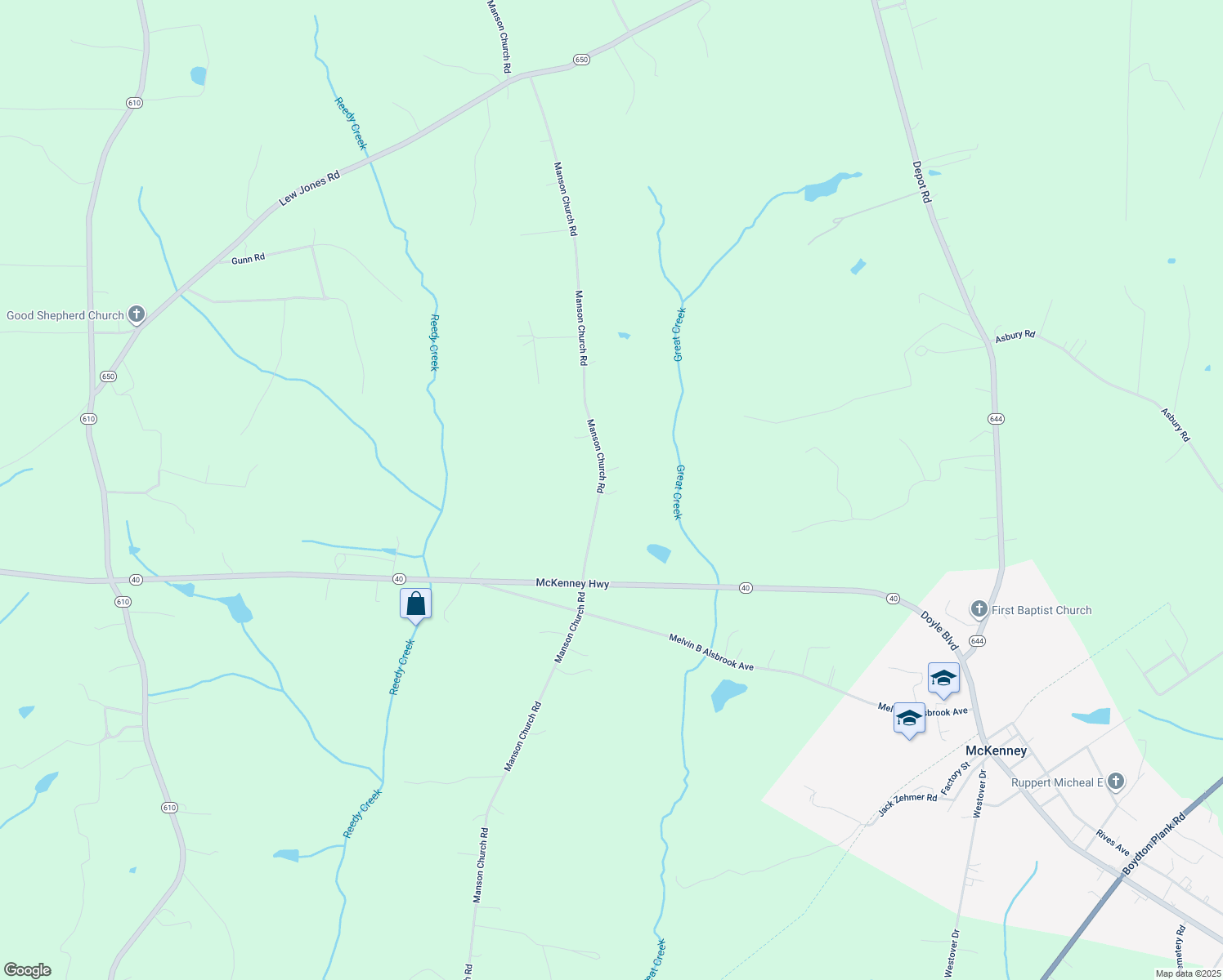 map of restaurants, bars, coffee shops, grocery stores, and more near 19915 Manson Church Road in McKenney