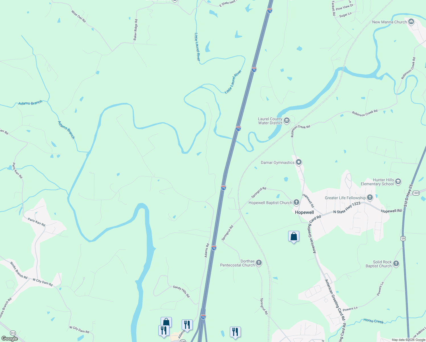 map of restaurants, bars, coffee shops, grocery stores, and more near 277 Devils Neck Road in Corbin
