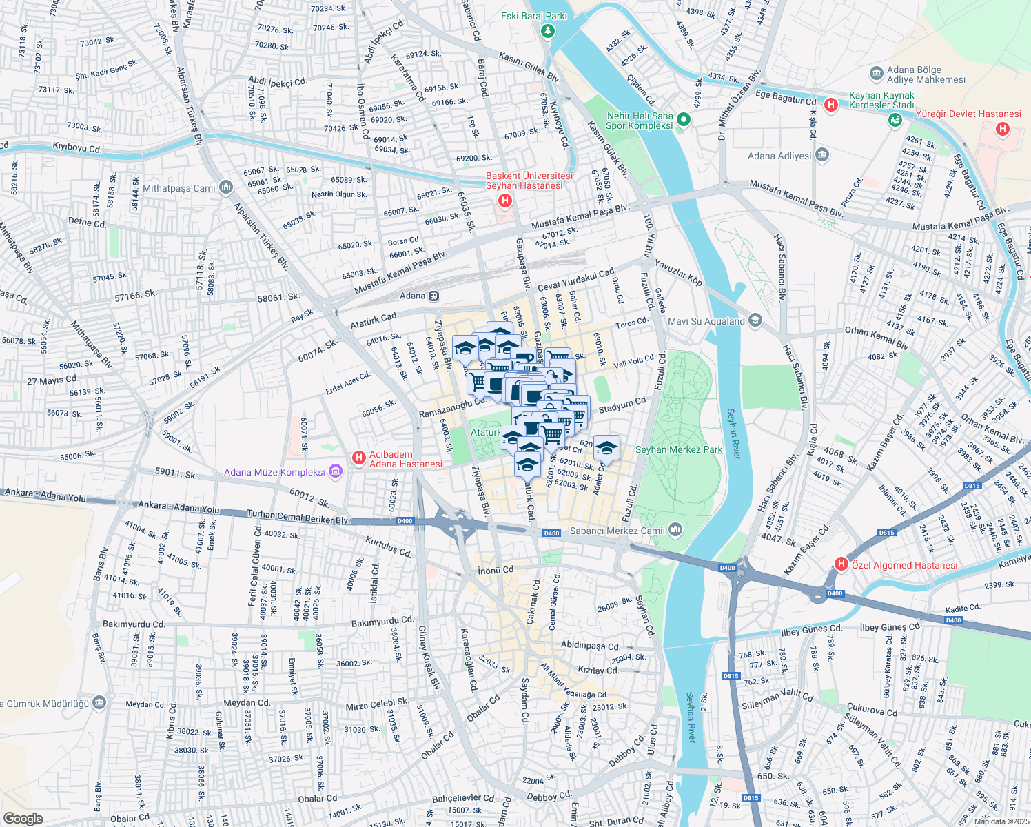 map of restaurants, bars, coffee shops, grocery stores, and more near Atatürk Caddesi in Seyhan