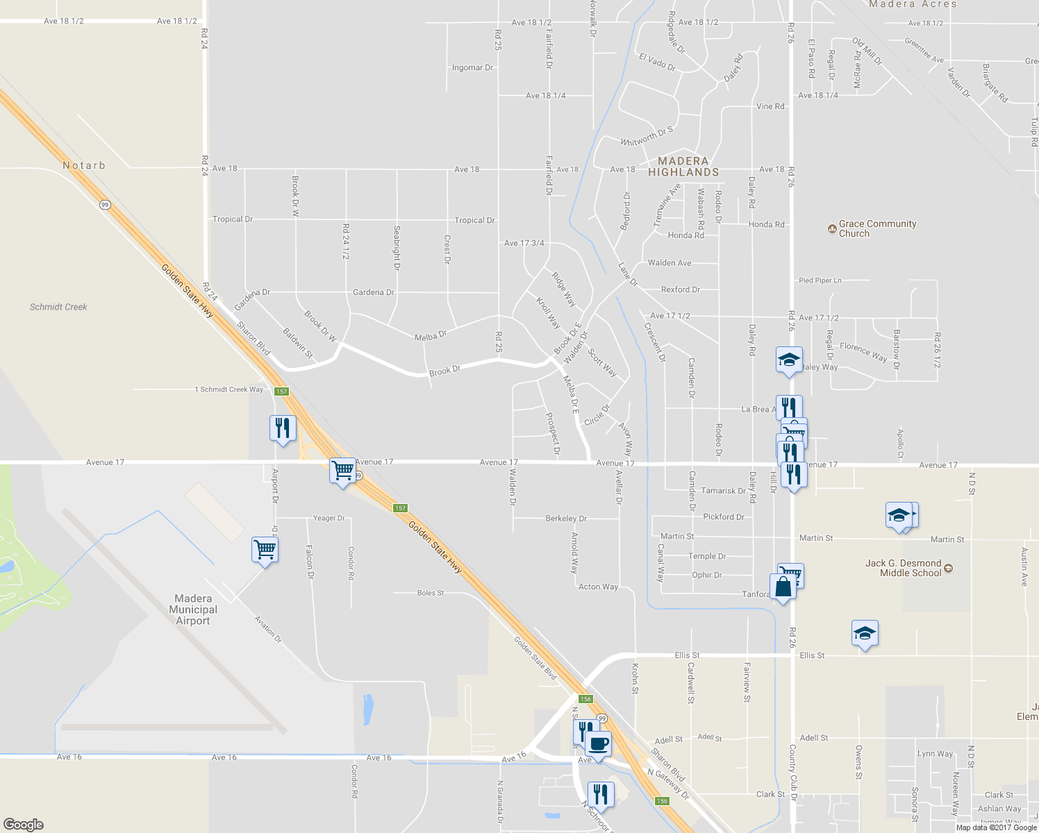 map of restaurants, bars, coffee shops, grocery stores, and more near 25072 Darby Way in Madera