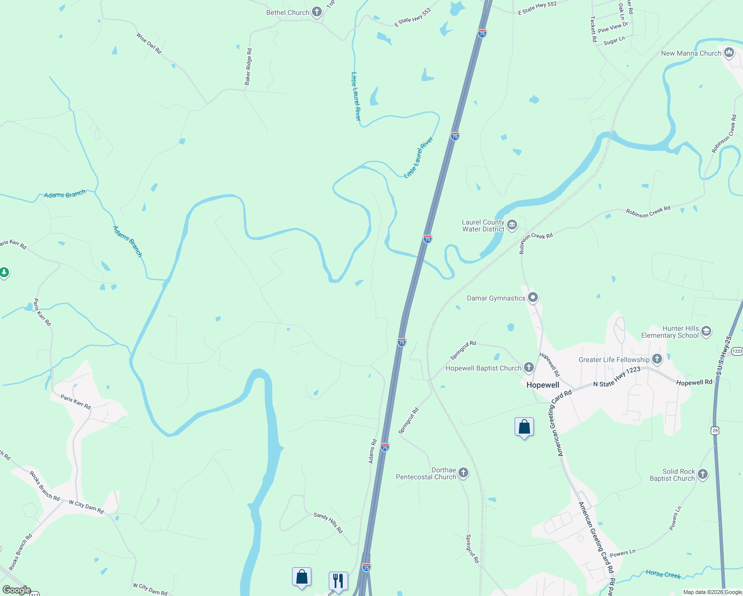 map of restaurants, bars, coffee shops, grocery stores, and more near 415 Devils Neck Road in Corbin
