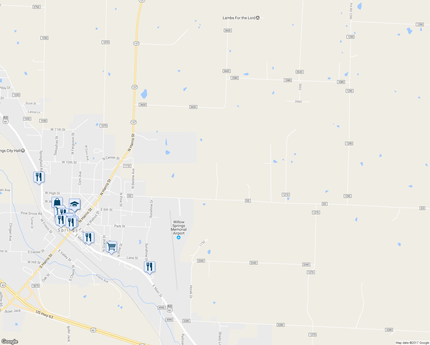 map of restaurants, bars, coffee shops, grocery stores, and more near 1115-1193 State Route DD in Willow Springs