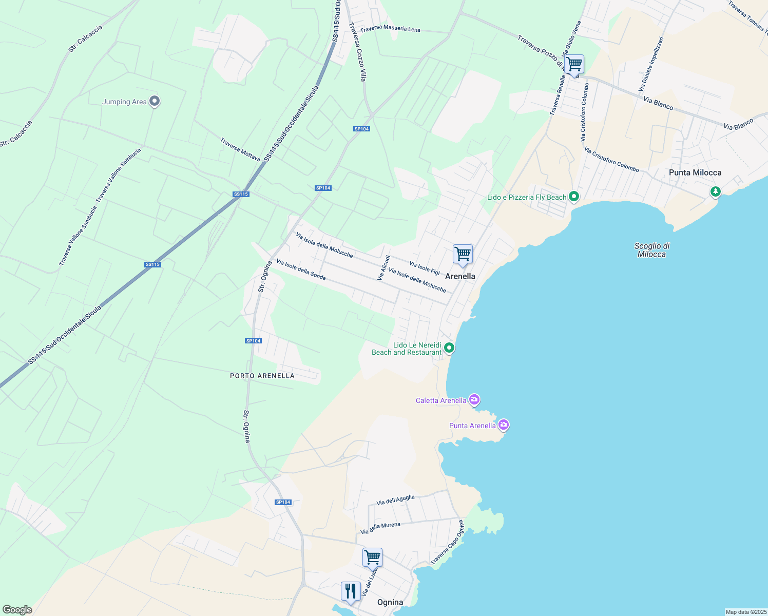 map of restaurants, bars, coffee shops, grocery stores, and more near 126 Via Isole della Sonda in Arenella