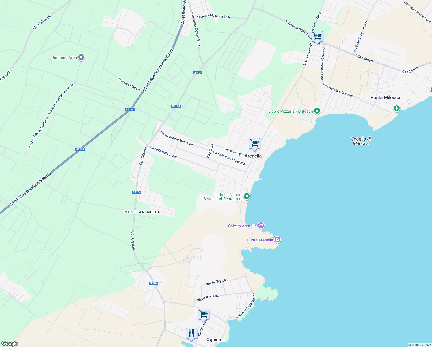 map of restaurants, bars, coffee shops, grocery stores, and more near 126 Via Isole della Sonda in Arenella