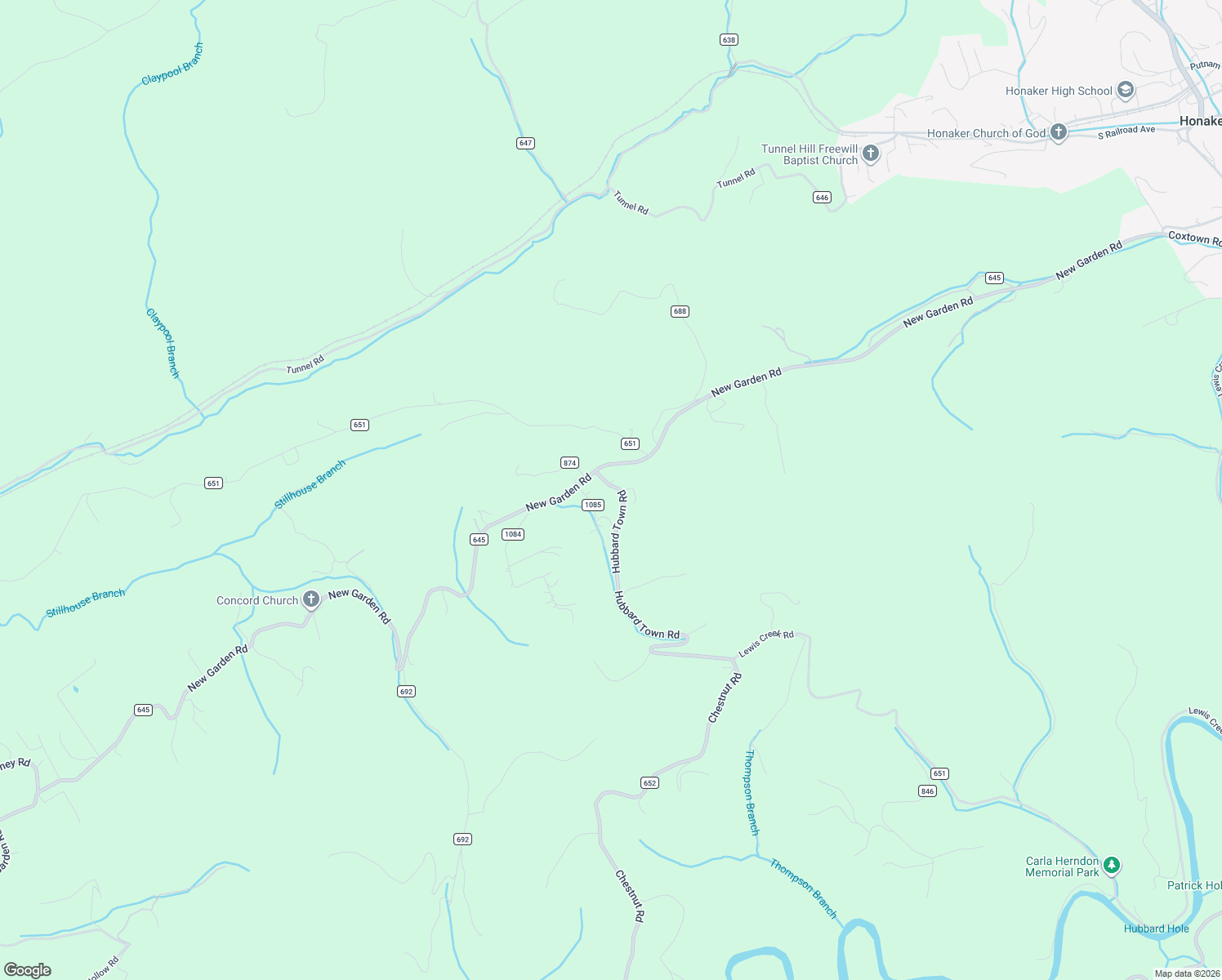 map of restaurants, bars, coffee shops, grocery stores, and more near County Road 651 in Honaker