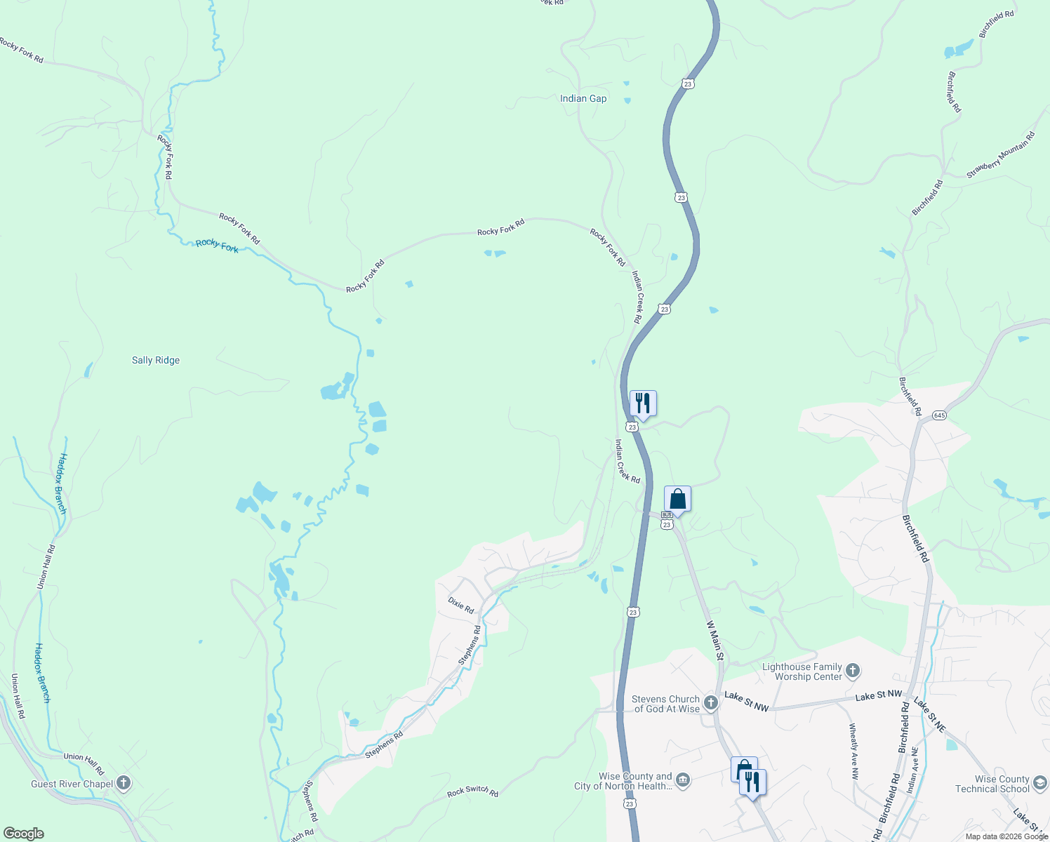 map of restaurants, bars, coffee shops, grocery stores, and more near in Wise