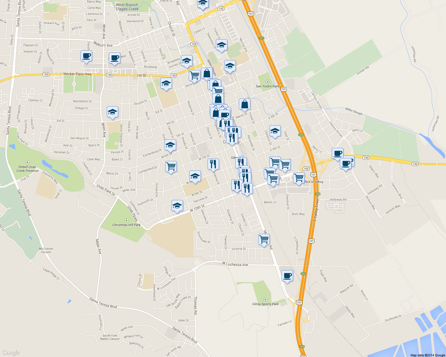 map of restaurants, bars, coffee shops, grocery stores, and more near 7131 Church Street in Gilroy