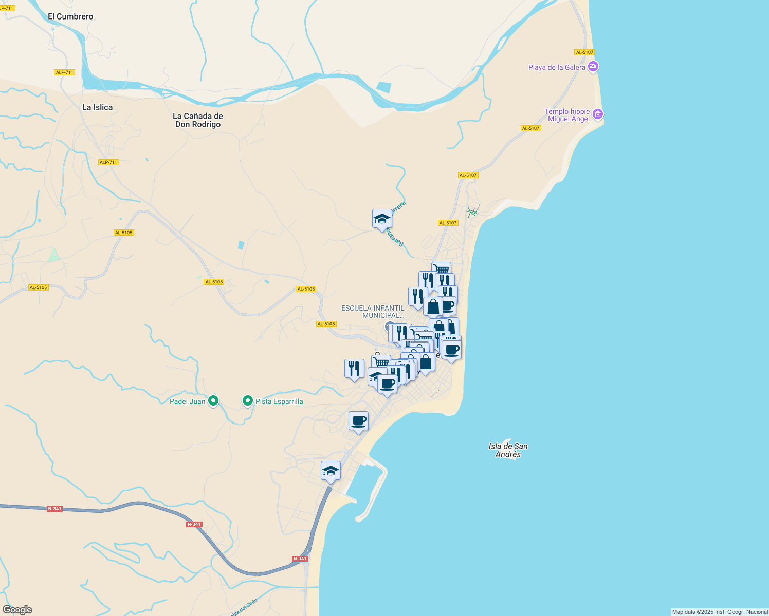 map of restaurants, bars, coffee shops, grocery stores, and more near 32 Calle Dalí in Carboneras