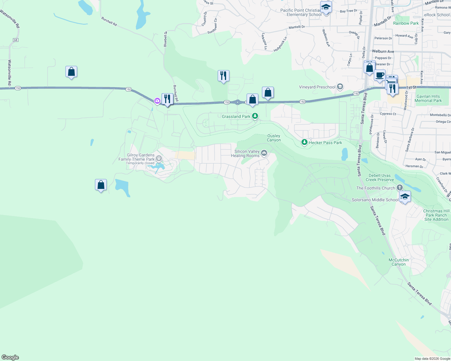 map of restaurants, bars, coffee shops, grocery stores, and more near 2810 Berwick Avenue in Gilroy