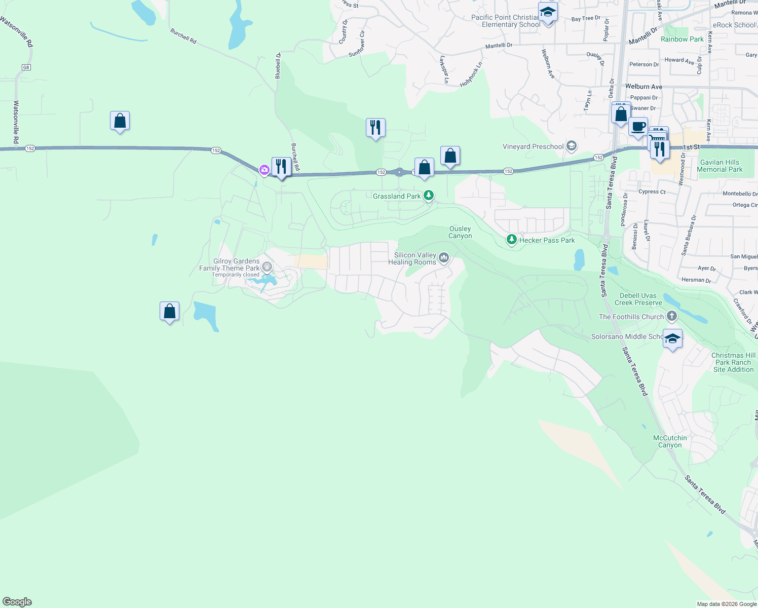 map of restaurants, bars, coffee shops, grocery stores, and more near 2810 Berwick Avenue in Gilroy