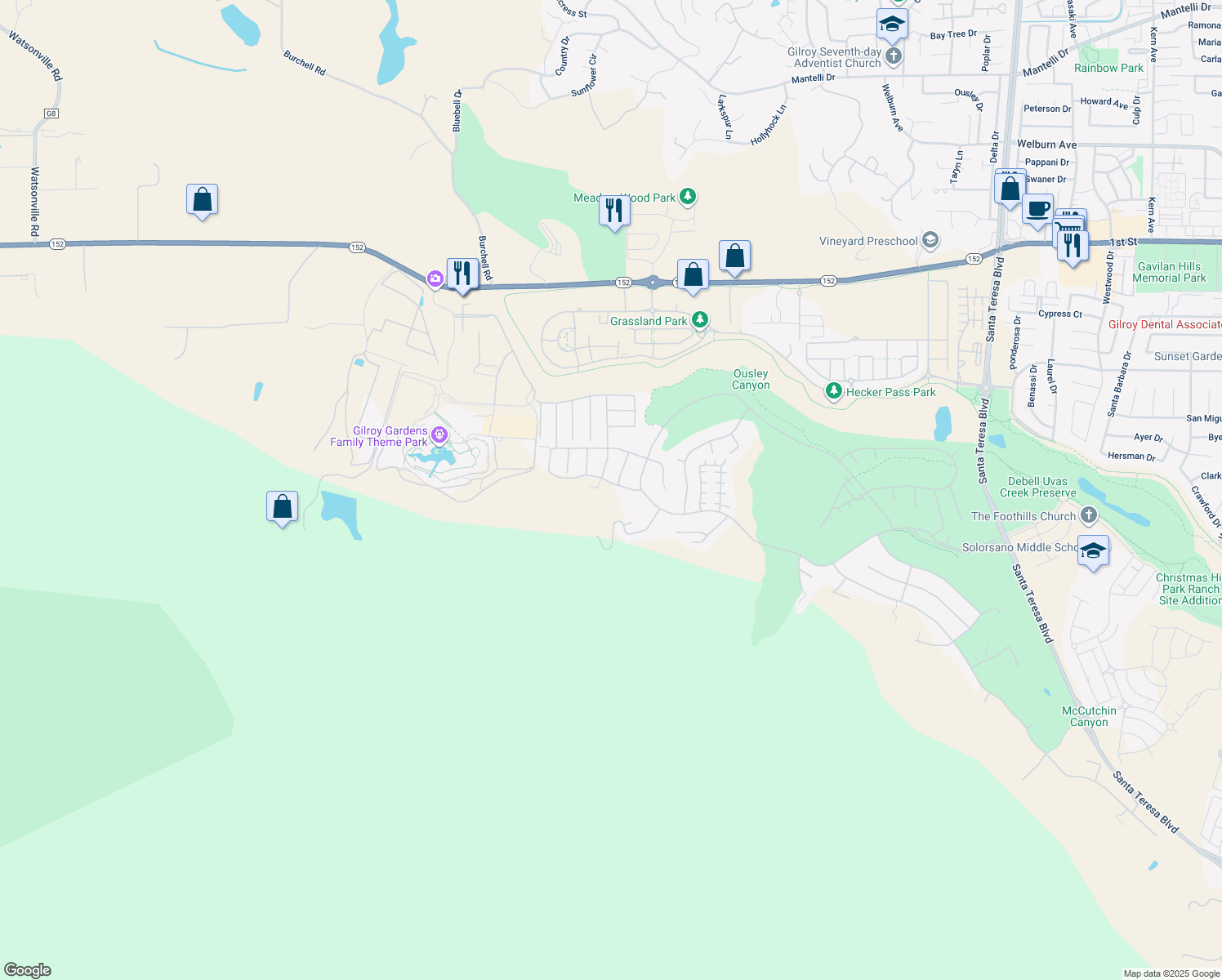 map of restaurants, bars, coffee shops, grocery stores, and more near 2820 Berwick Avenue in Gilroy