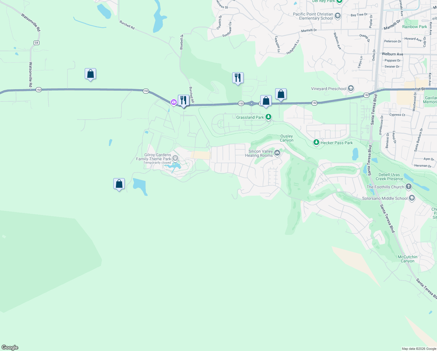 map of restaurants, bars, coffee shops, grocery stores, and more near 2884 Berwick Avenue in Gilroy